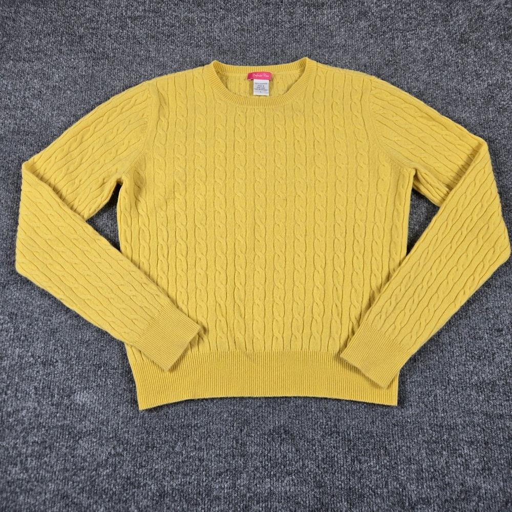 Definite View 100% Cashmere Sweater Womens L Yellow Cable Knit Crew Neck